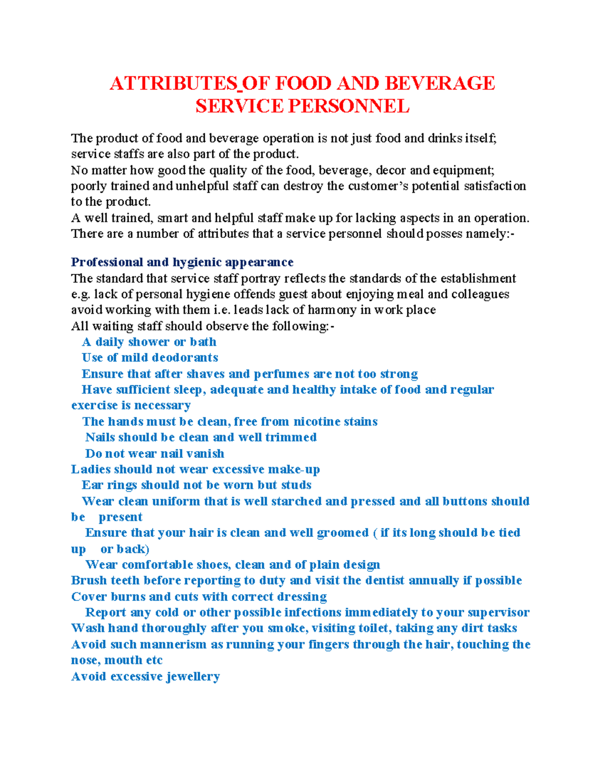 Attributes service notes - ATTRIBUTES OF FOOD AND BEVERAGE SERVICE ...