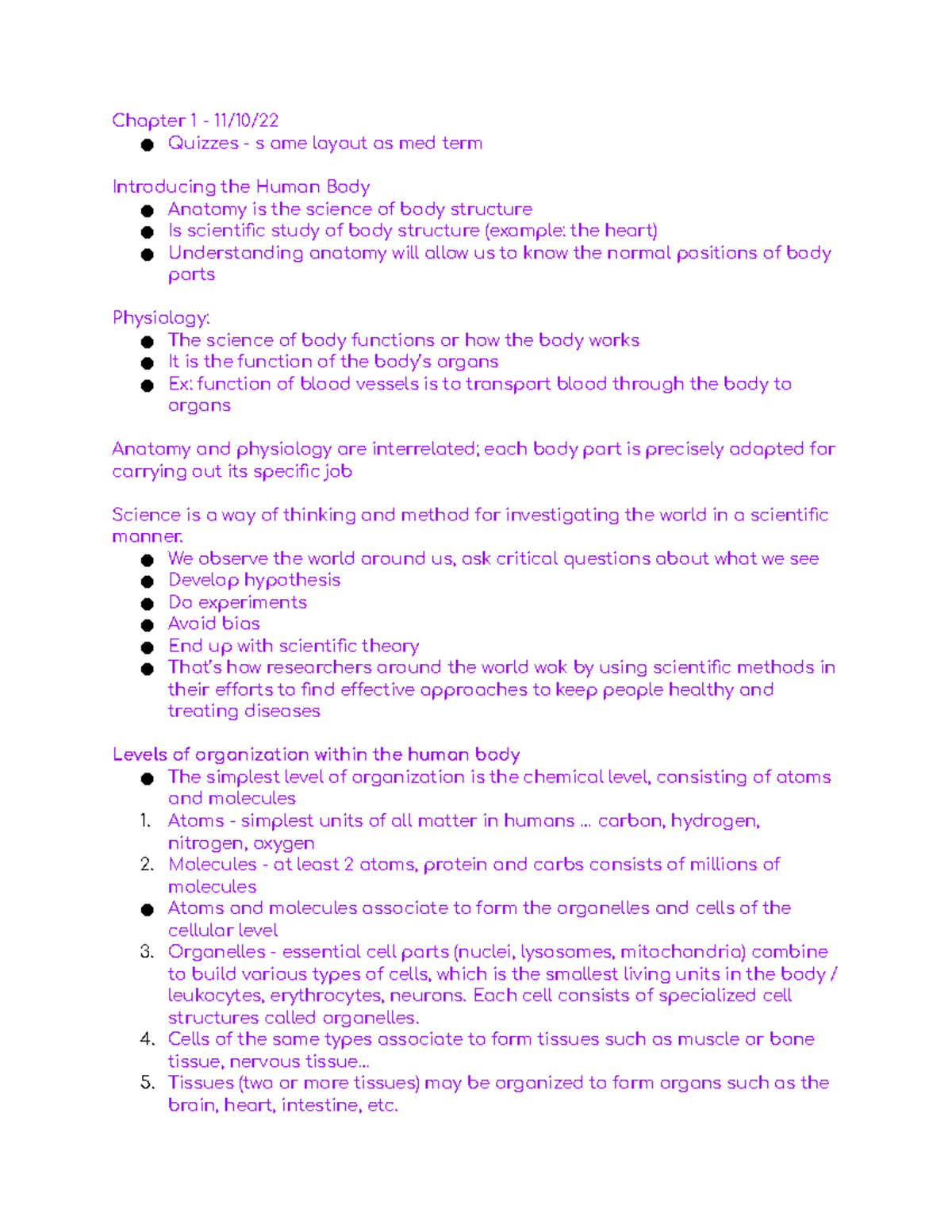 Anatomy and Phys Chapters 1-5 - Chapter 1 - 11/10/ Quizzes - s ame ...