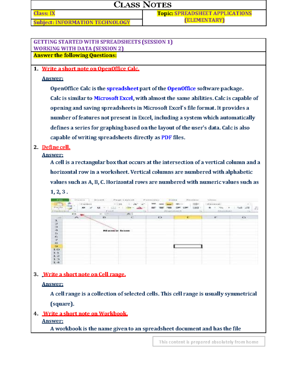 Unit4 SpreadsheetsclassIX This content is prepared absolutely from