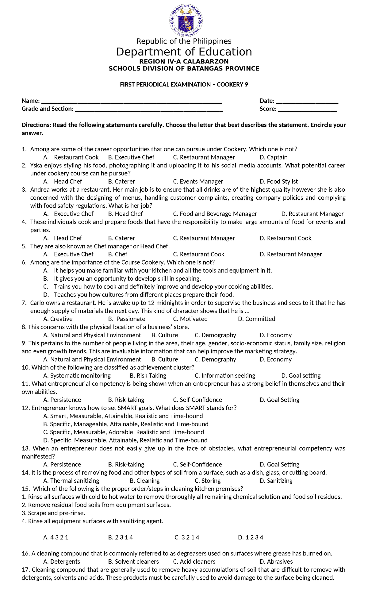 Periodical-TLE-9 - Periodical Exam for Cookery 9, Q1 - Republic of the ...