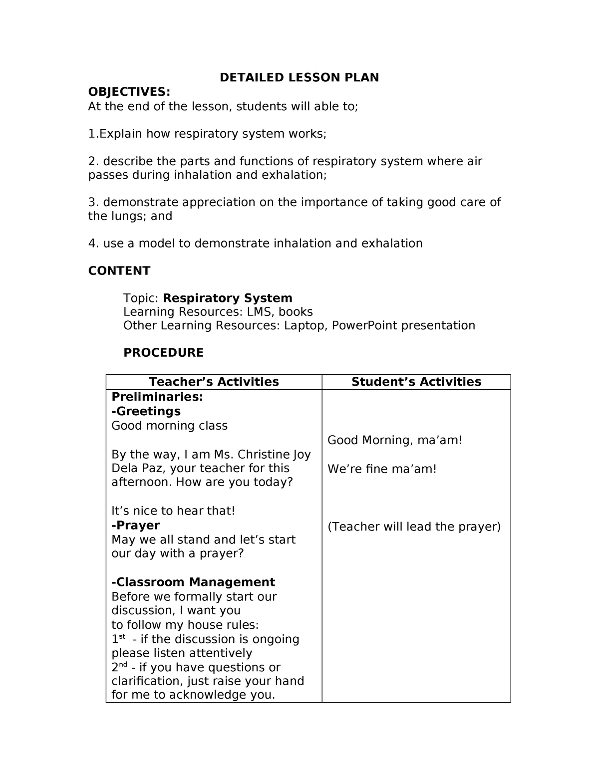 Respi - DETAILED LESSON PLAN OBJECTIVES: At the end of the lesson ...