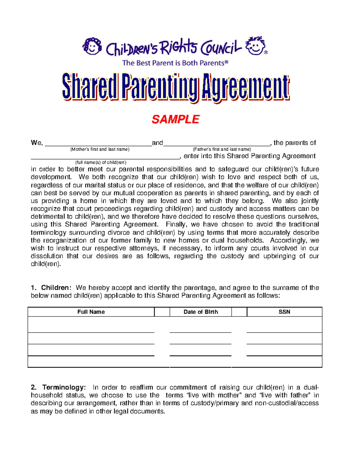 Parenting Agreement Childcare Agreement Form Assignment