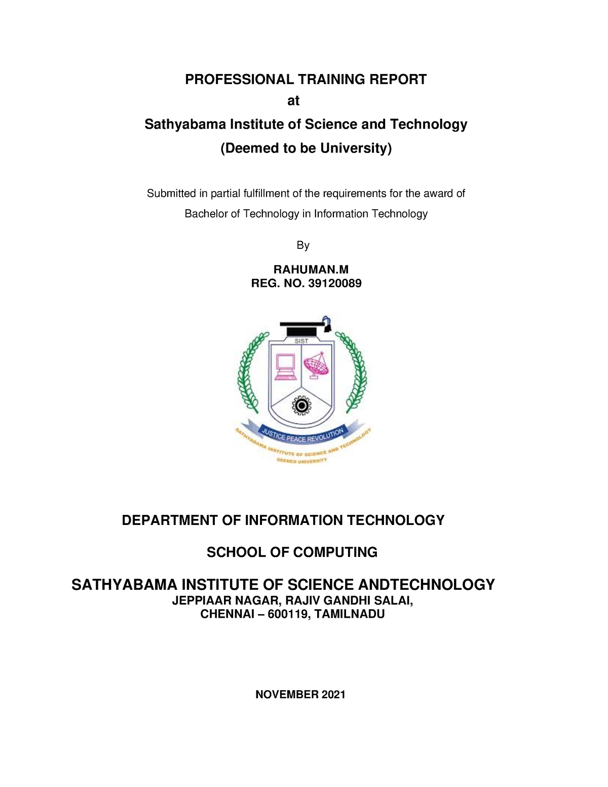 1923pt-b - PROFESSIONAL TRAINING REPORT at Sathyabama Institute of ...