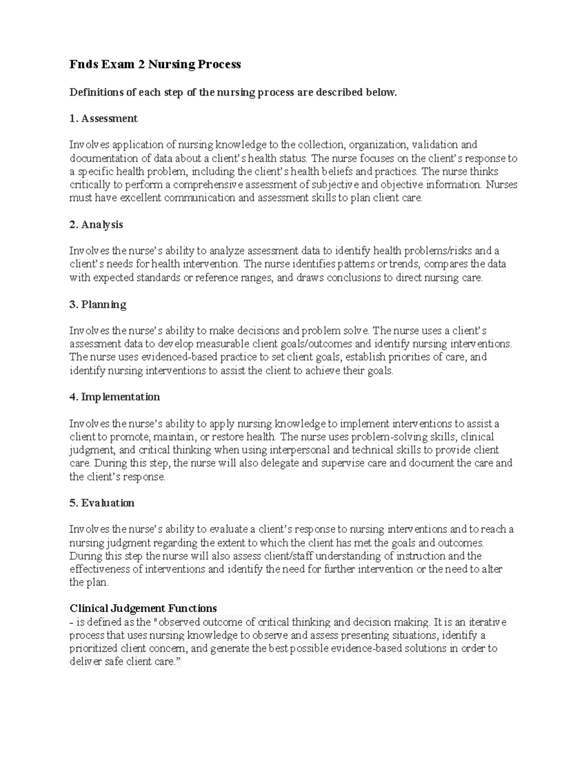 Nursing Process and Clinical Judgment Definitions - Studocu