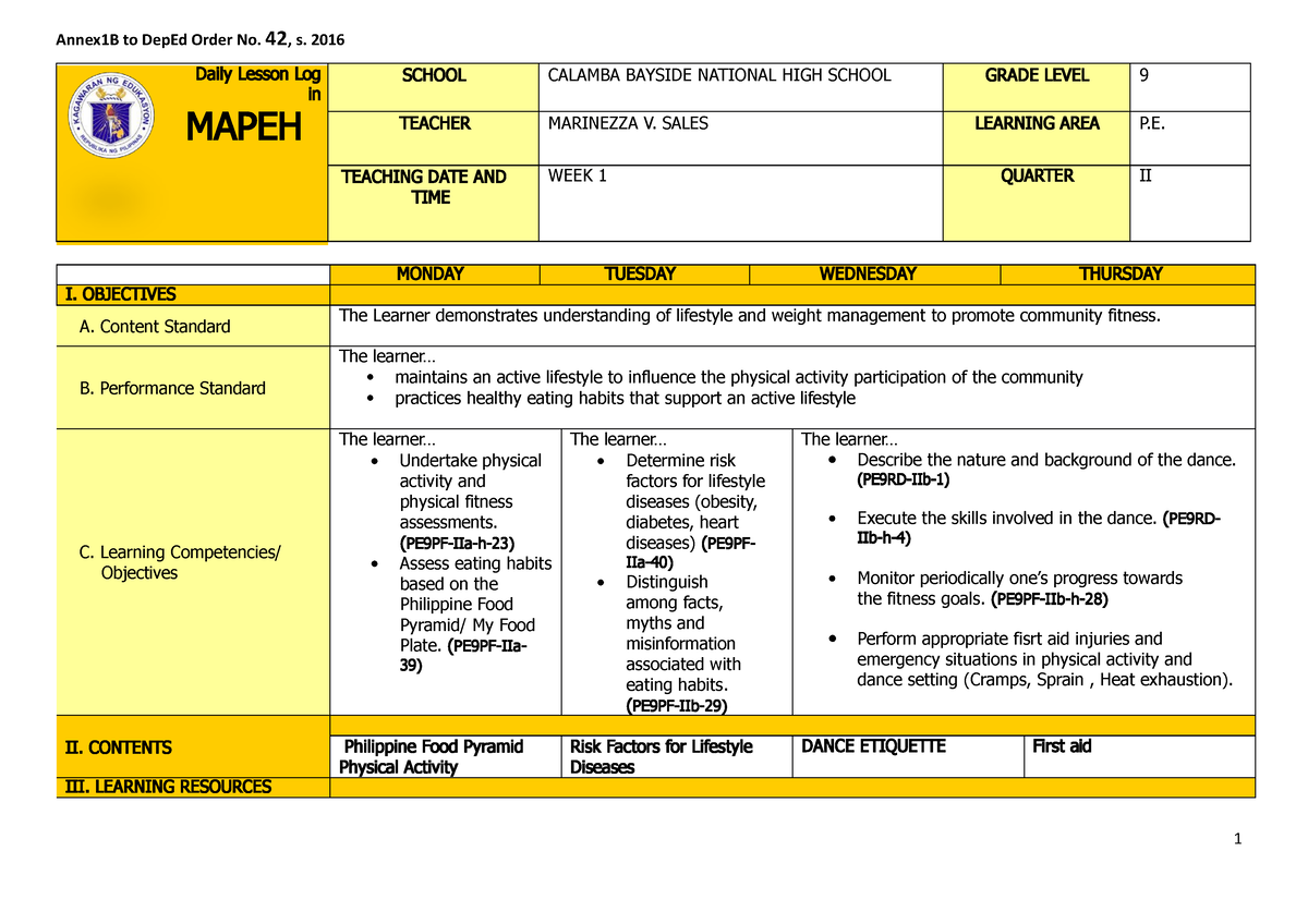 Q2 Grade 9 Pe Dll Week 1 - DLL - Daily Lesson Log In MAPEH SCHOOL ...