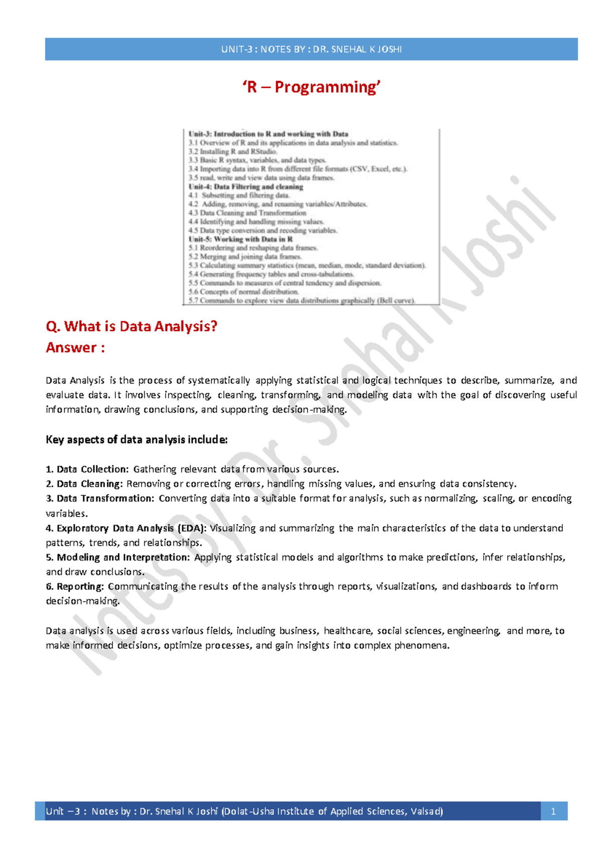 Unit 03 Notes - It's a good - ‘R – Programming’ Q. What is Data ...