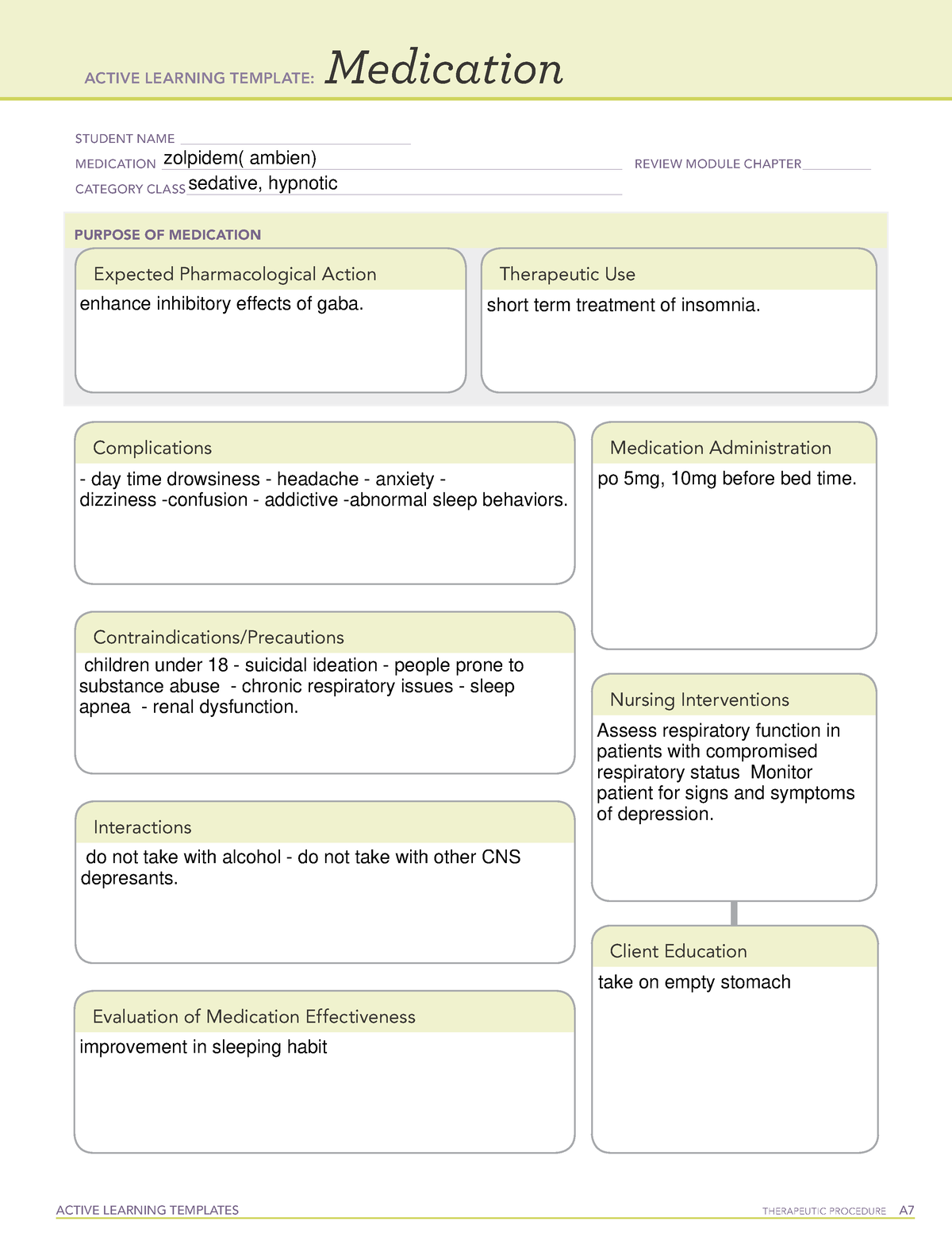 Zolpidem Medication Active Learning templates ACTIVE LEARNING