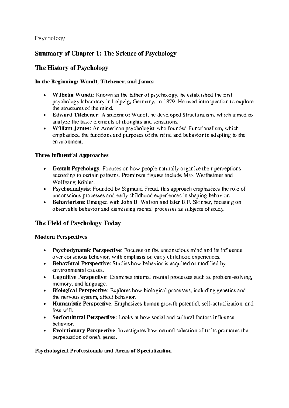 Psych - This helped me - Psychology Summary of Chapter 1: The Science ...