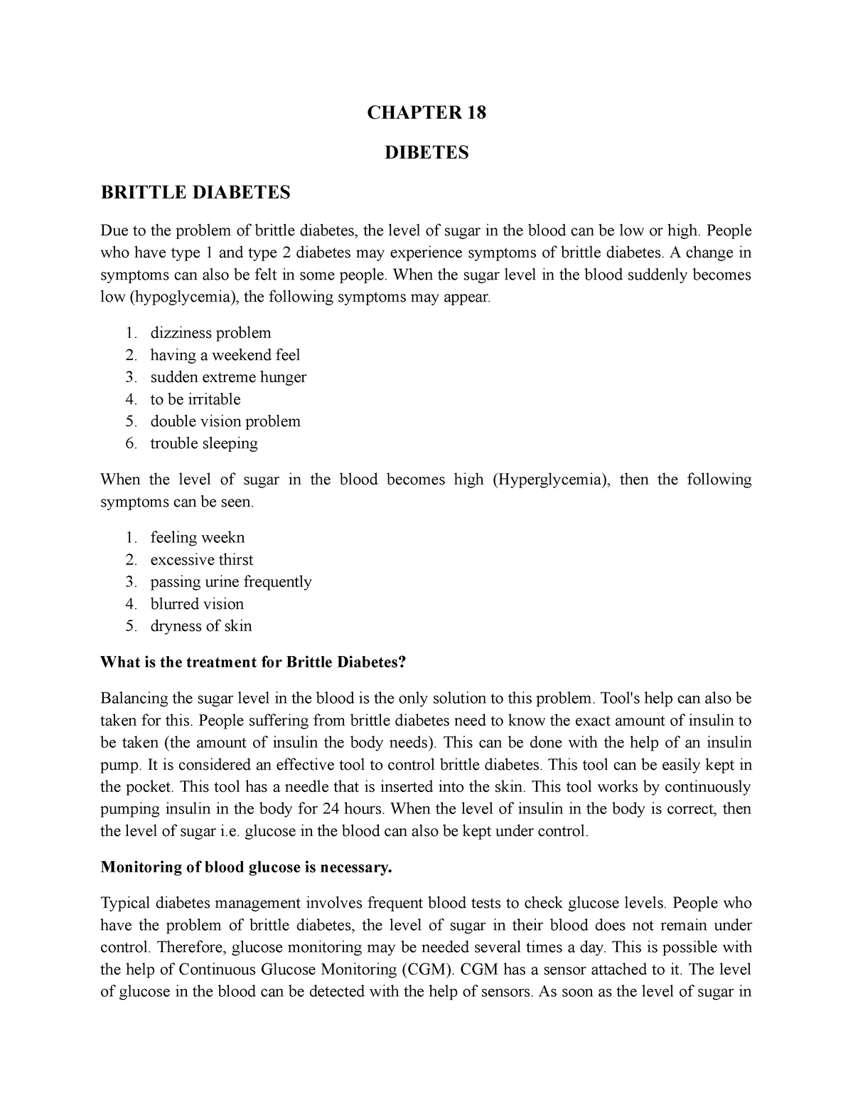 Chapter 18 Diabetes CHAPTER 18 DIBETES BRITTLE DIABETES Due to the