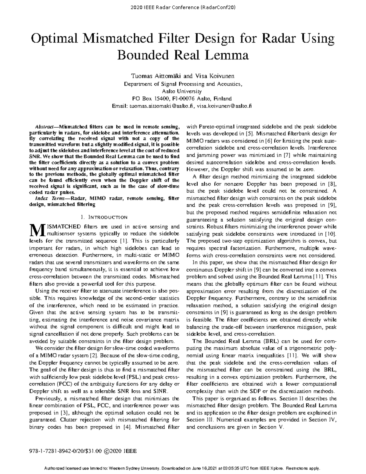 Aittomaki 2020 course file Optimal Mismatched Filter Design for