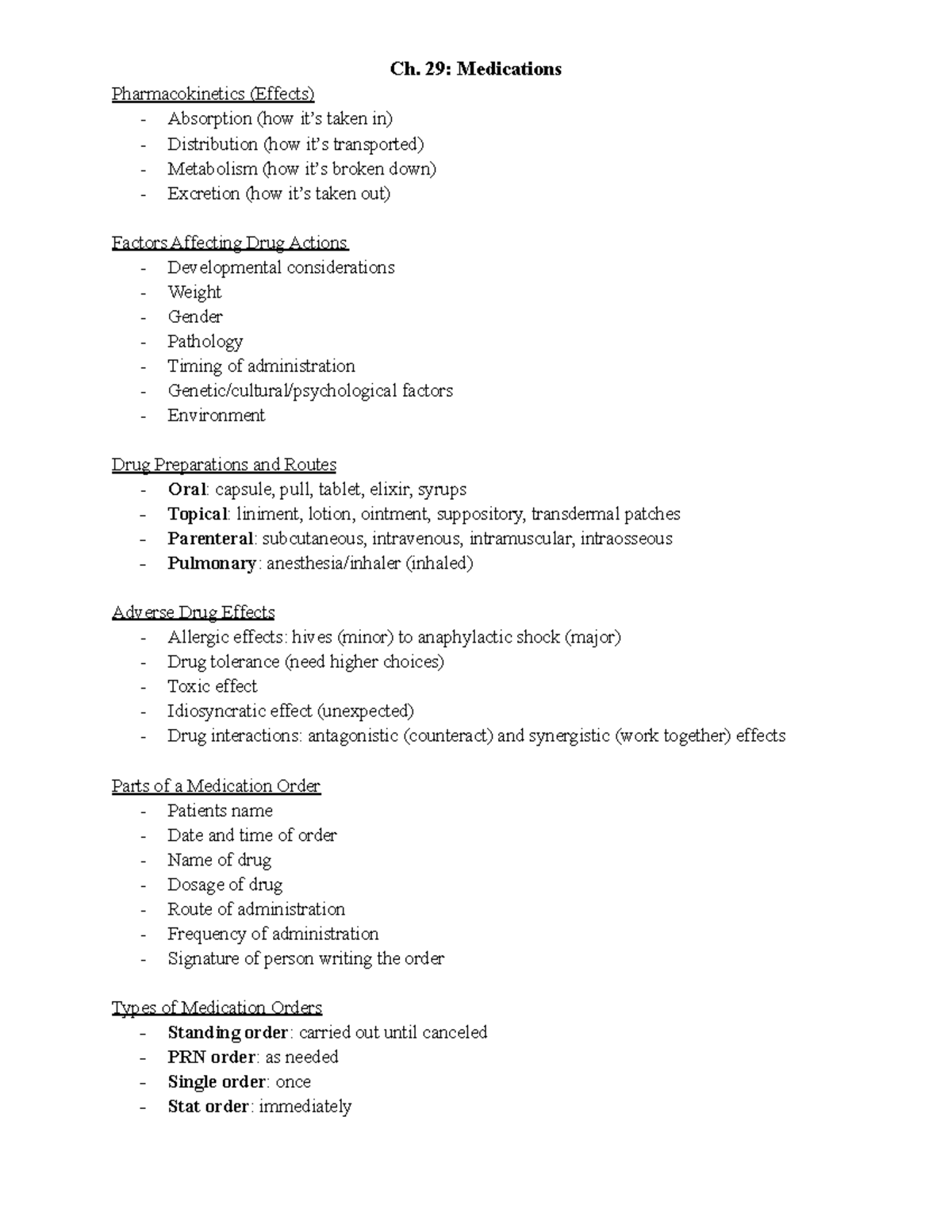 NURS100 Medications - Ch. 29: Medications Pharmacokinetics (Effects ...