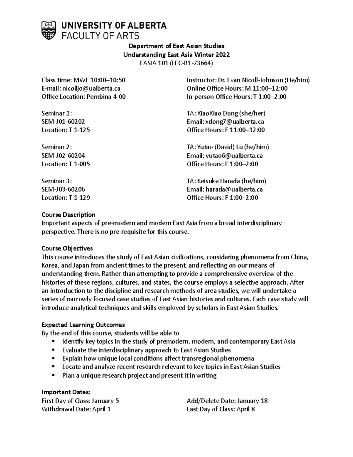 WI 22 Easia 101 Syllabus - Department of East Asian Studies ...