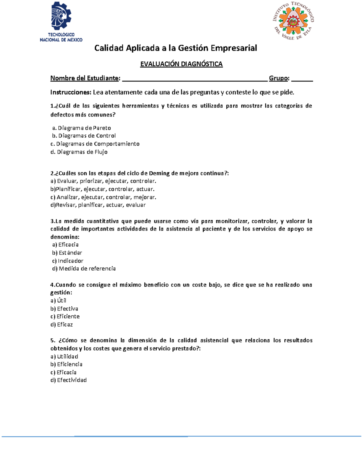 Evaluación Diagnóstica Calidad Aplicada A LA Gestión Empresarial ...