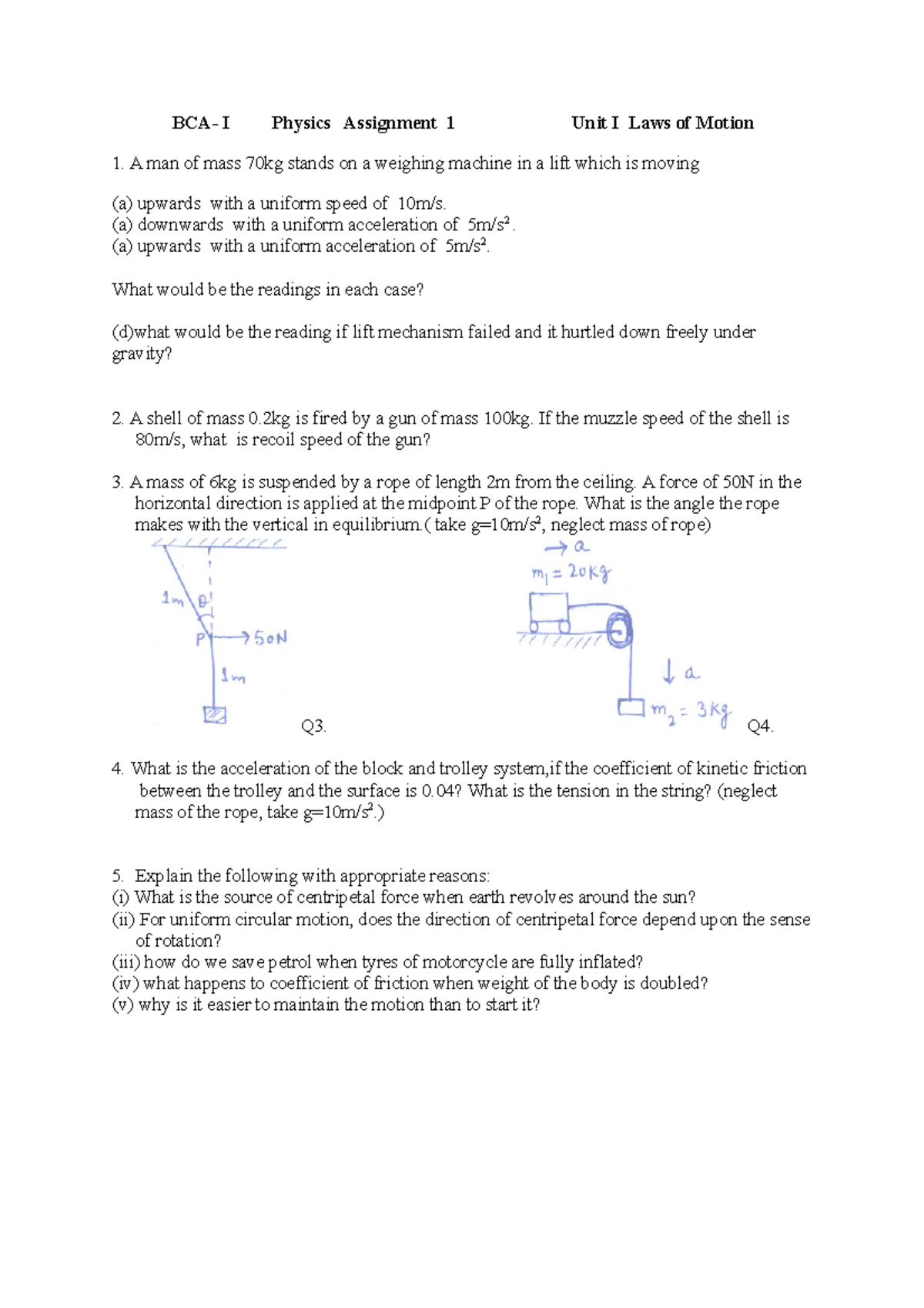 Assignment 1 Study material. BCA I Physics Assignment 1 Unit I