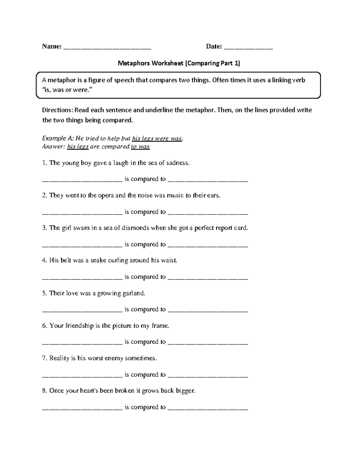 Metaphors Comparing P 1 Advanced - Name: _________________________ Date ...