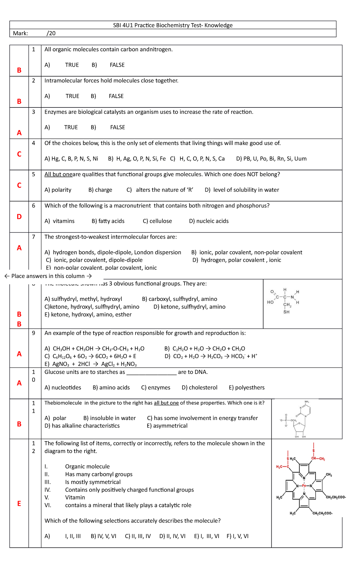 Test 2020, answers - SBI 4U1 Practice Biochemistry Test- Knowledge Mark ...