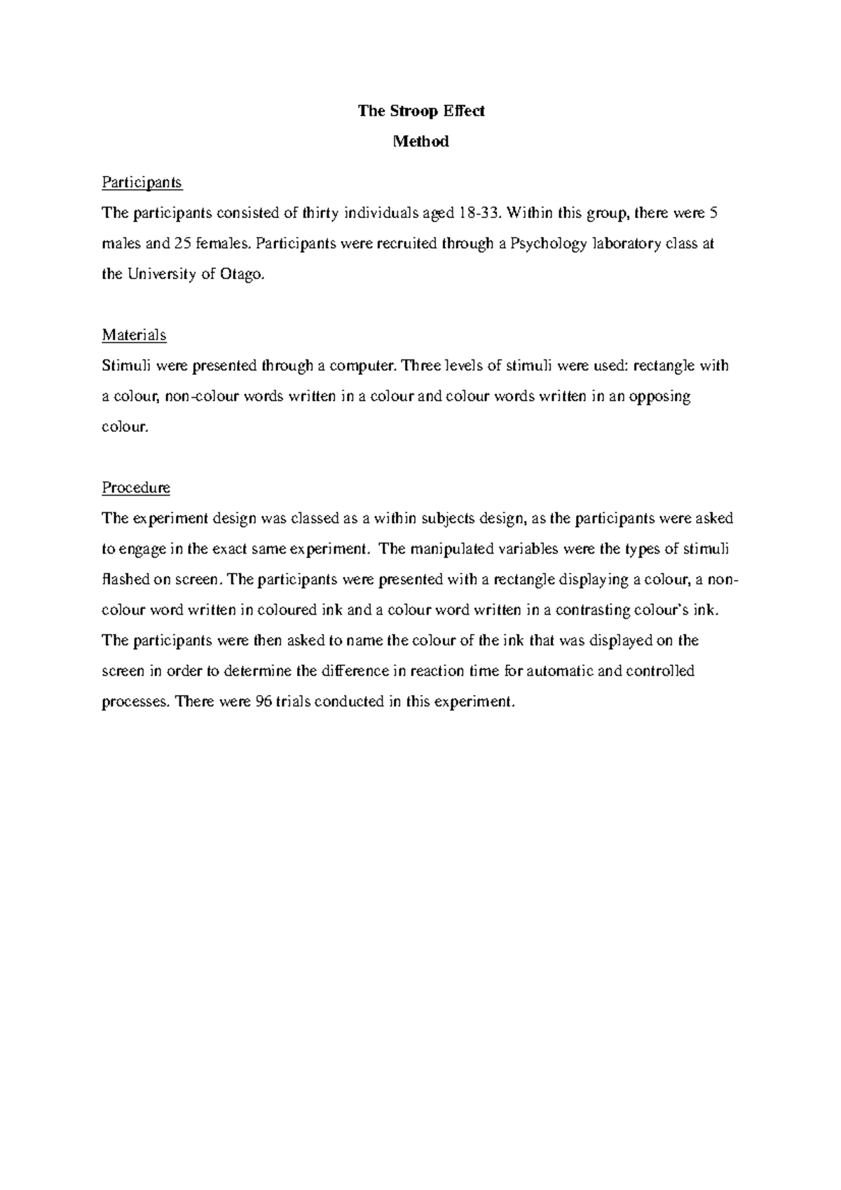 Stroop effect Method The Stroop Effect Method Participants The