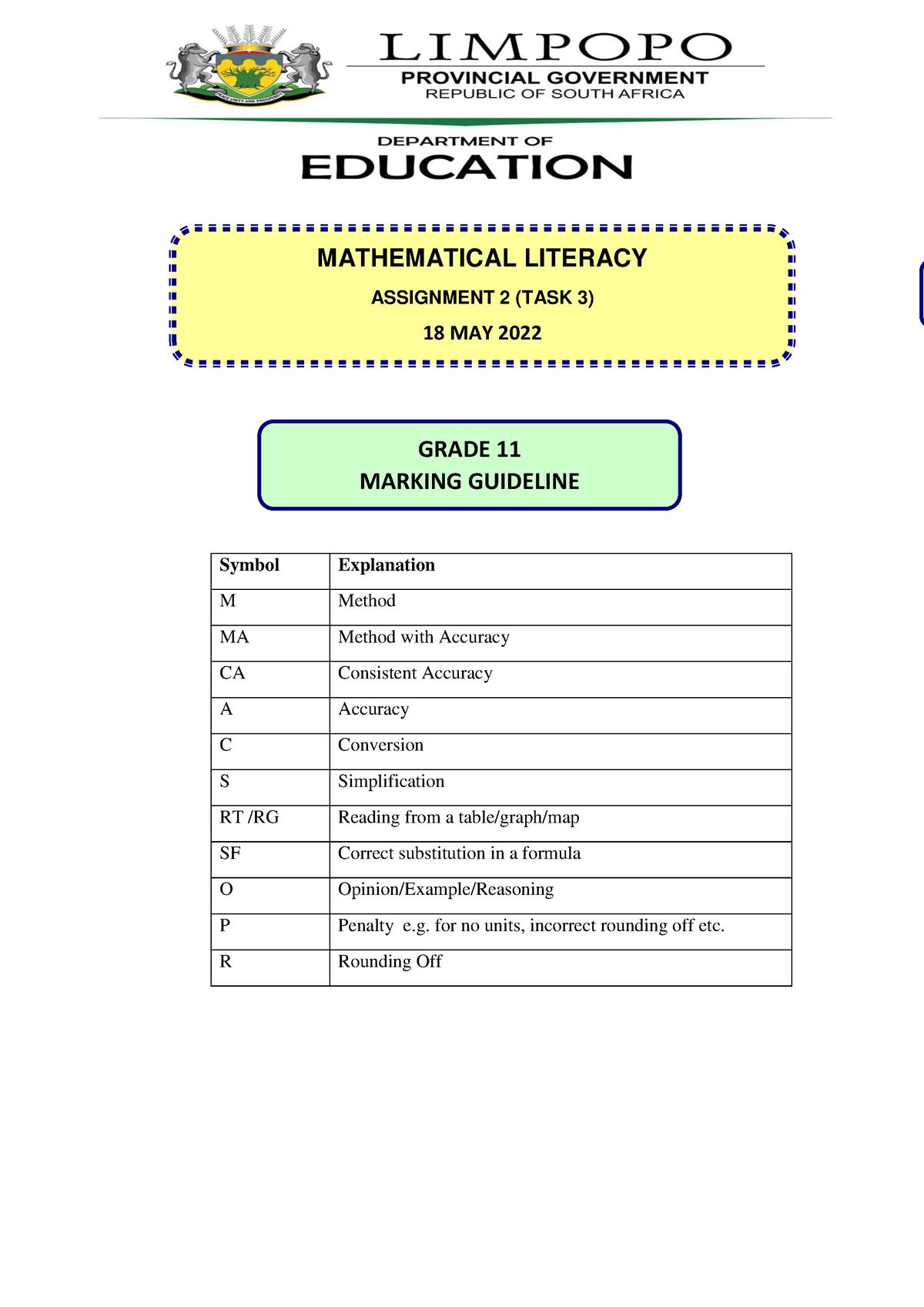 Assign MEMO Grade 11 Term 2 2022 Memo MATHEMATICAL LITERACY 