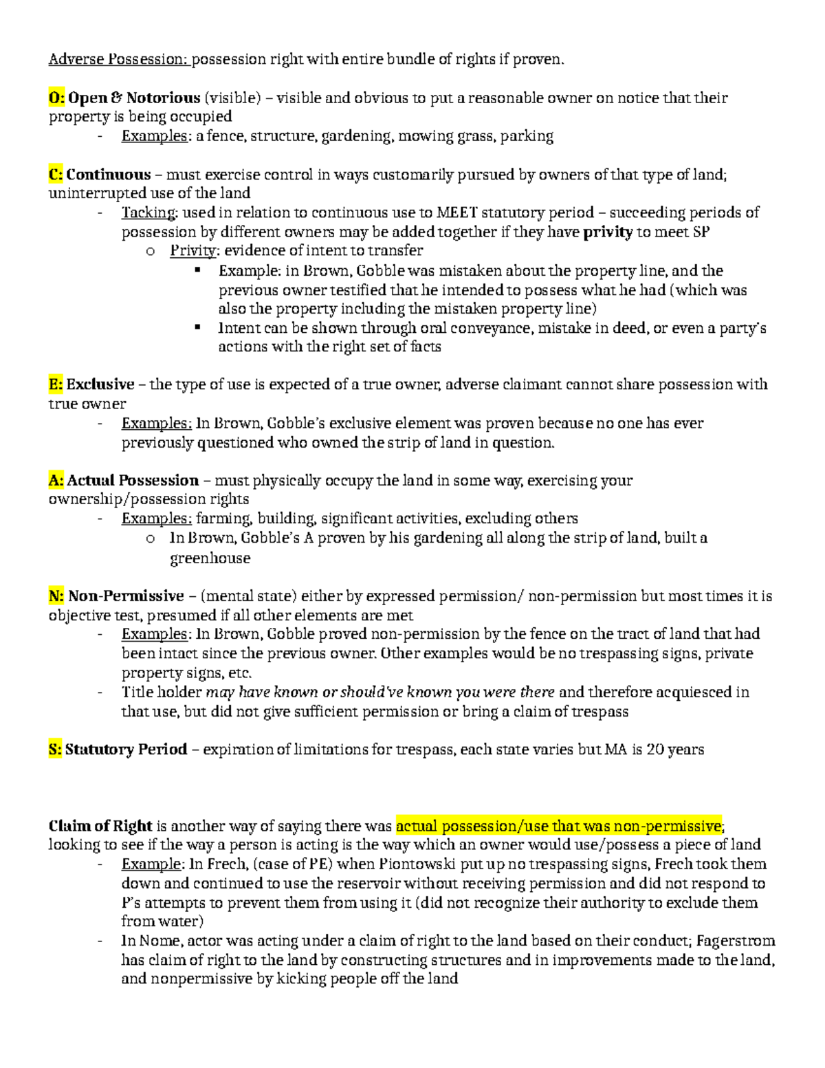 Prop Attack Outline - Adverse Possession: possession right with entire ...