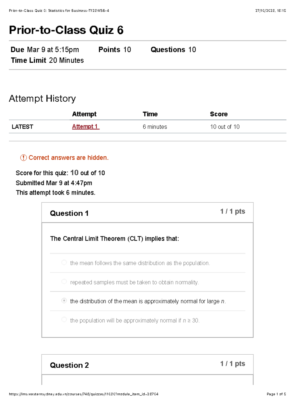 Prior To Class Quiz 6 Statistics For Business T123wsb 4 Prior To Class Quiz 6 Due Mar 9 At 5 8821