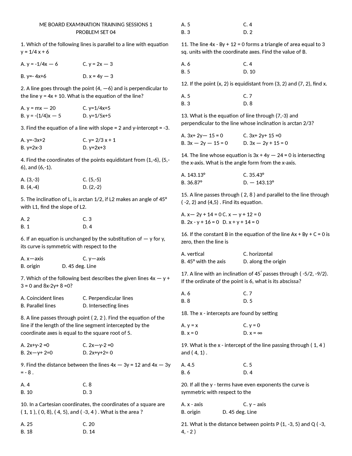 ME Boards 1 Problem Set 04 - ME BOARD EXAMINATION TRAINING SESSIONS 1 ...