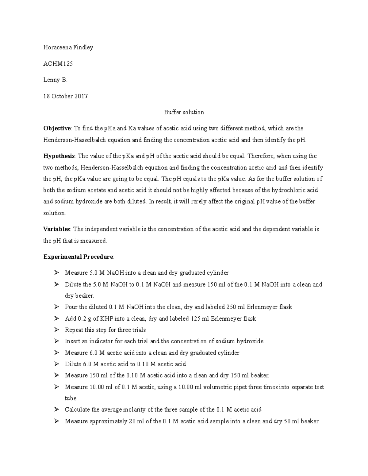 Experiment 17 general chemistry lab report Horaceena Findley ACHM