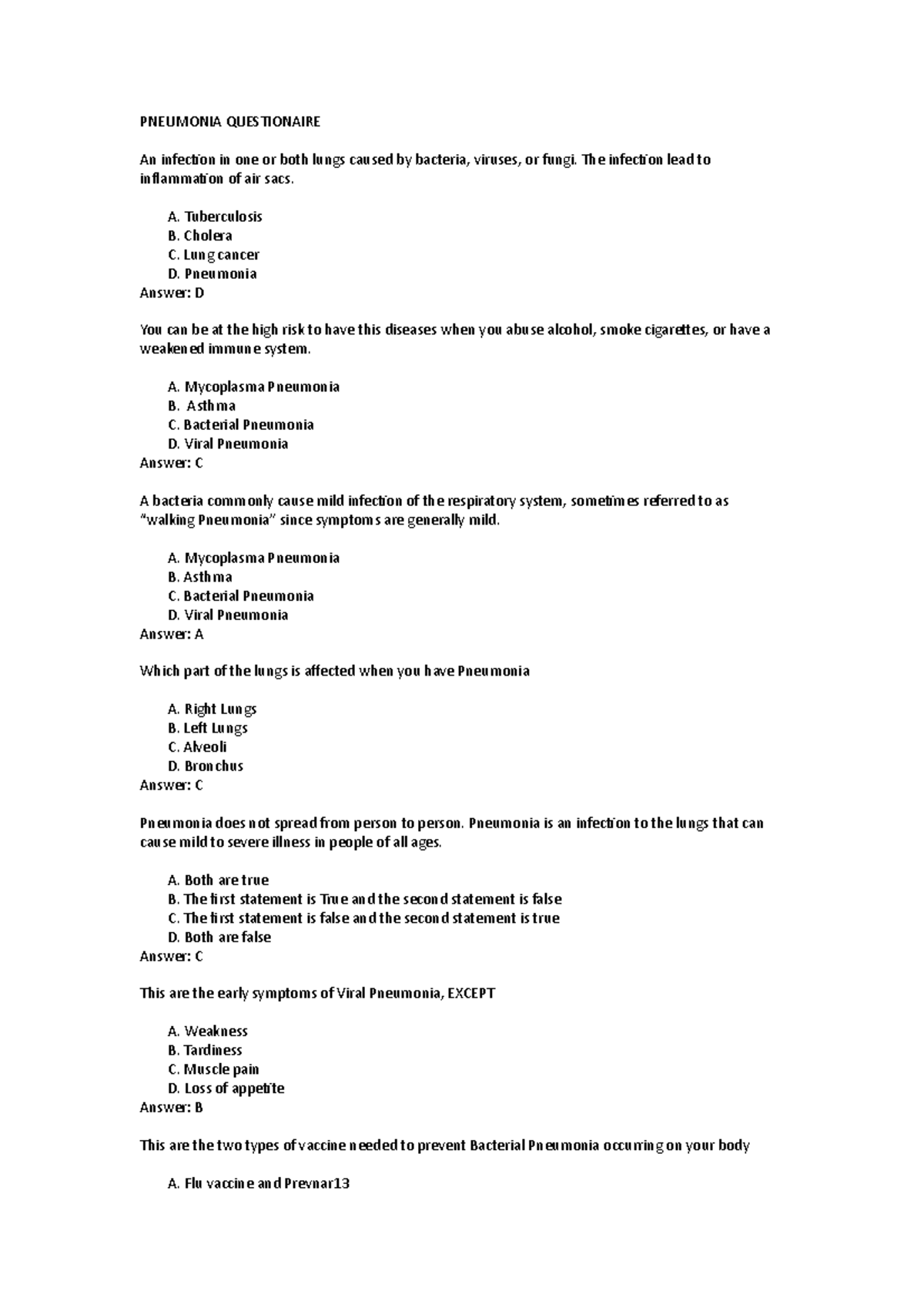 Pneumonia Questionaire - Pneumonia Questionaire An Infection In One Or 