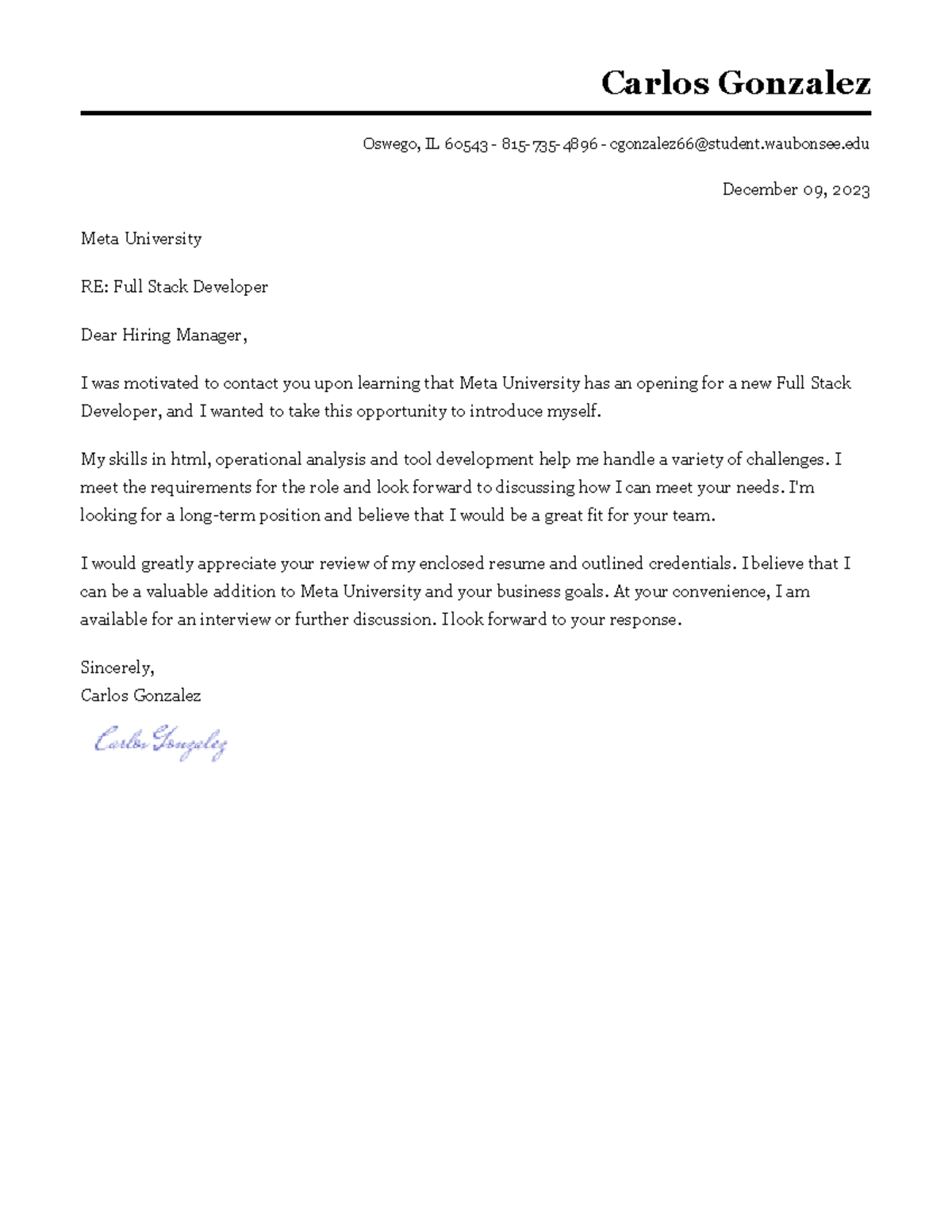 Carlos Gonzalez Cover Letter - Carlos Gonzalez Oswego, IL 60543 - 815 ...