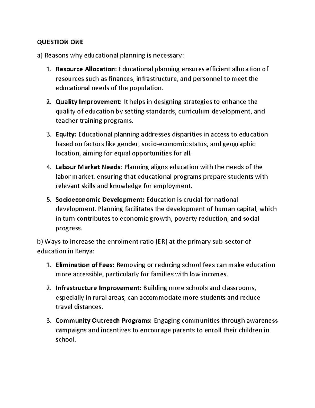 Edu plan - lecture notes - QUESTION ONE a) Reasons why educational ...