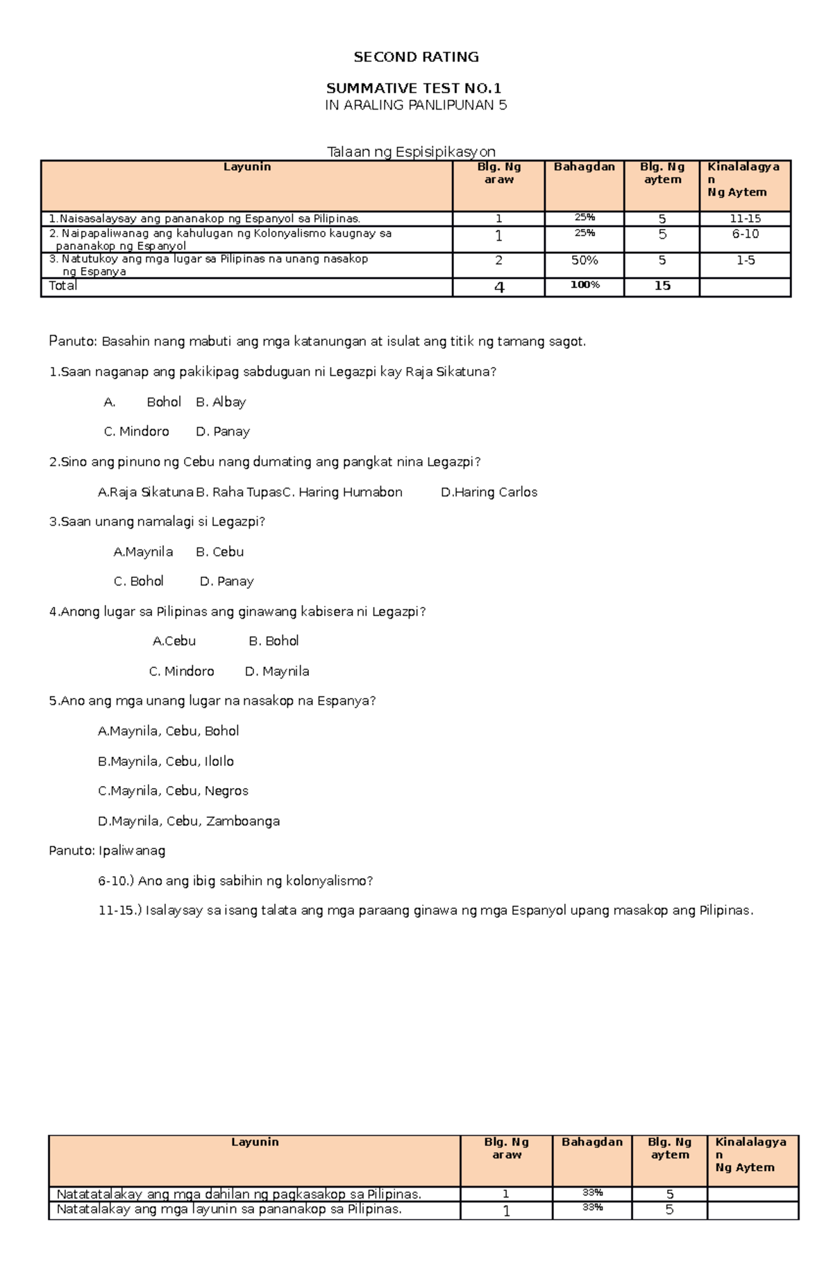 ST Araling Panlipunan 5 Q2 - SECOND RATING SUMMATIVE TEST NO. IN ...