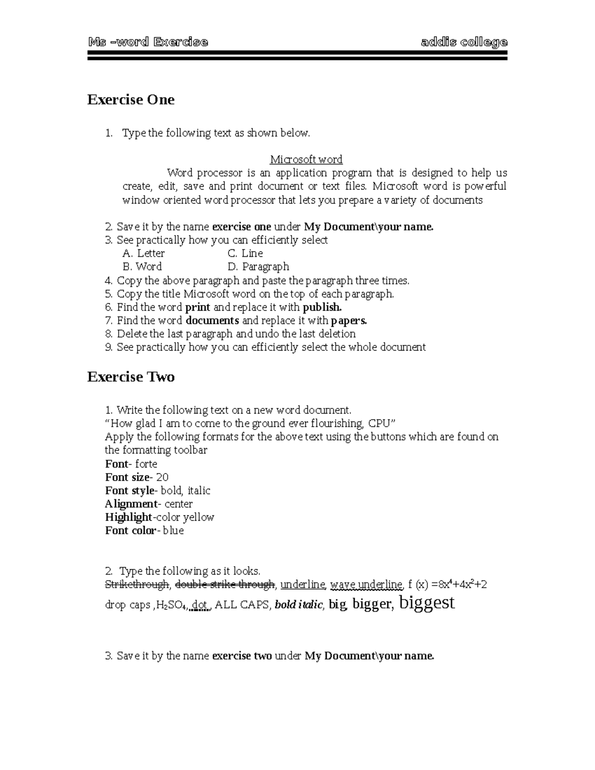 Word - Exercise One Type the following text as shown below. Microsoft ...