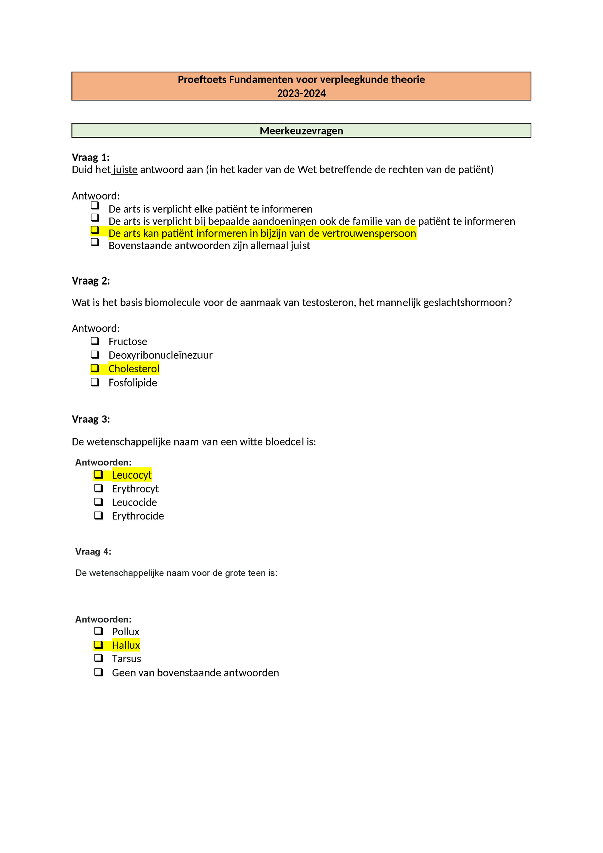 Proeftoets Fundamenten Voor Verpleegkunde Theorie ...