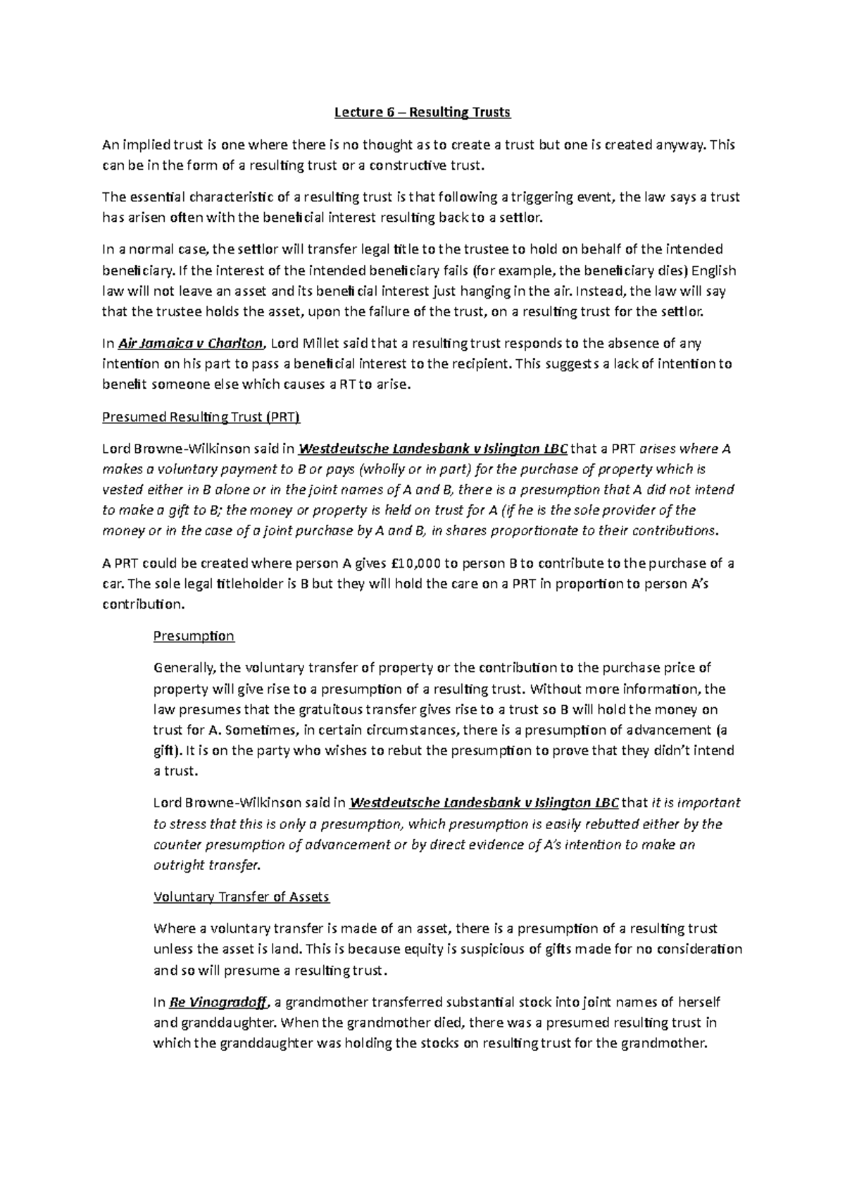 Lecture 6 - Resulting Trusts - Lecture 6 – Resulting Trusts An implied ...