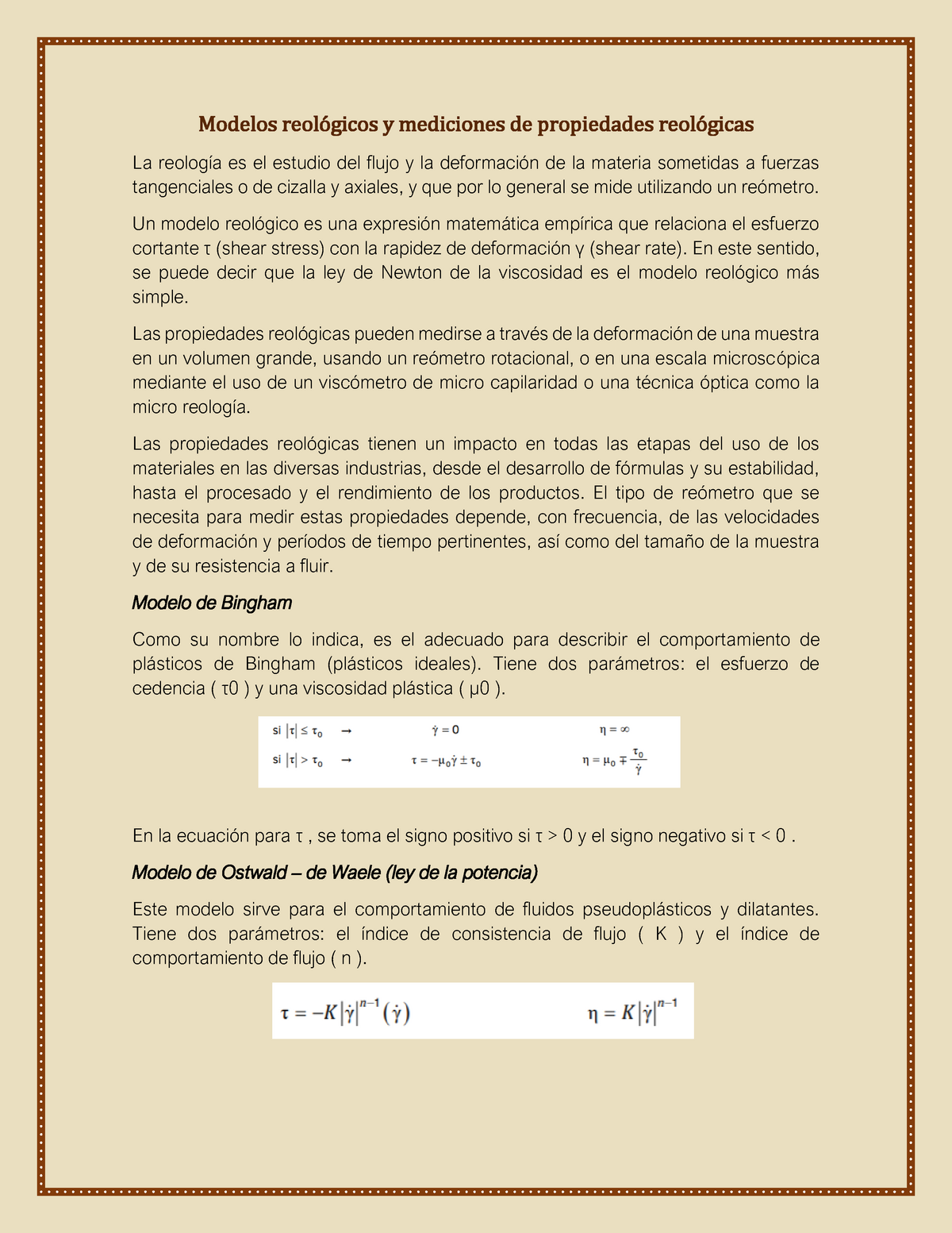 Modelos reológicos - Apuntes Momentum - Modelos reológicos y medi ciones de  propi edades reológicas - Studocu