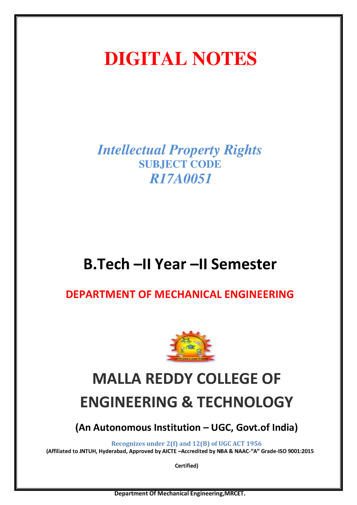 Notes IPR - Study Material - Department Of Mechanical Engineering,MRCET ...