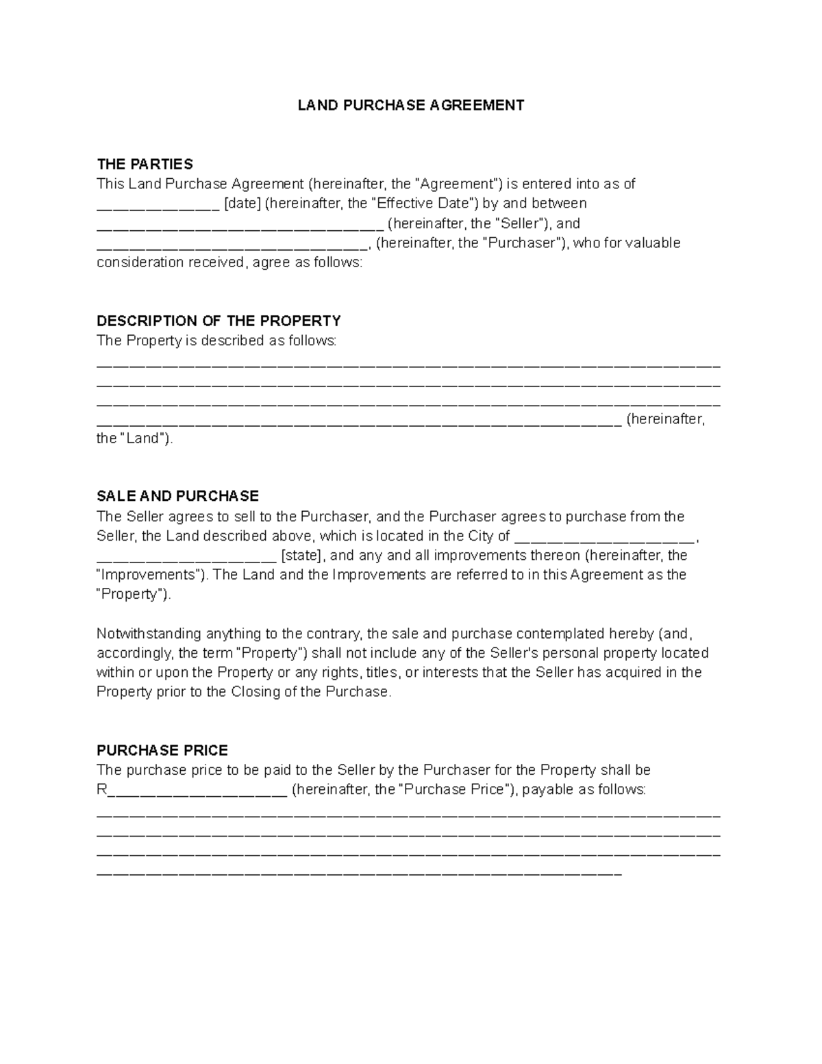 Land Purchase Agreement - SALE AND PURCHASE The Seller agrees to sell ...