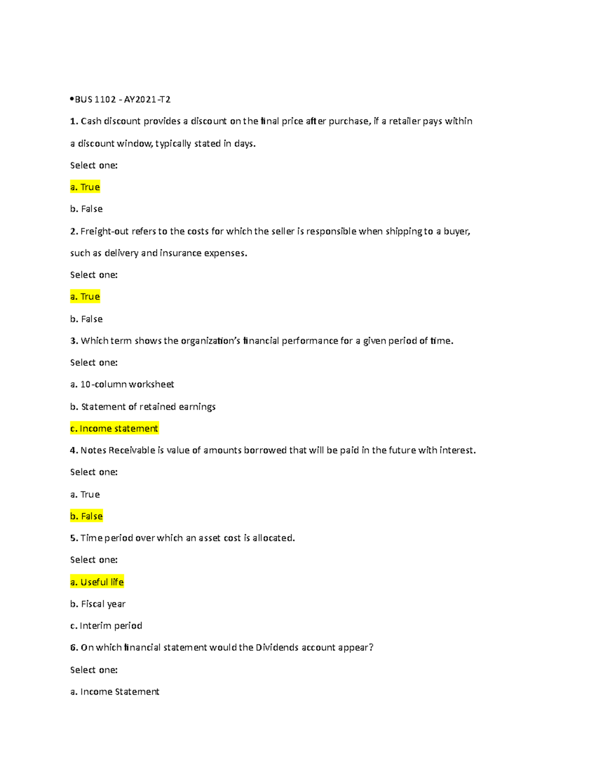 BUS 1102 Practice Material For Graded Quiz 1 - BUS 1102 - AY2021-T 1 ...