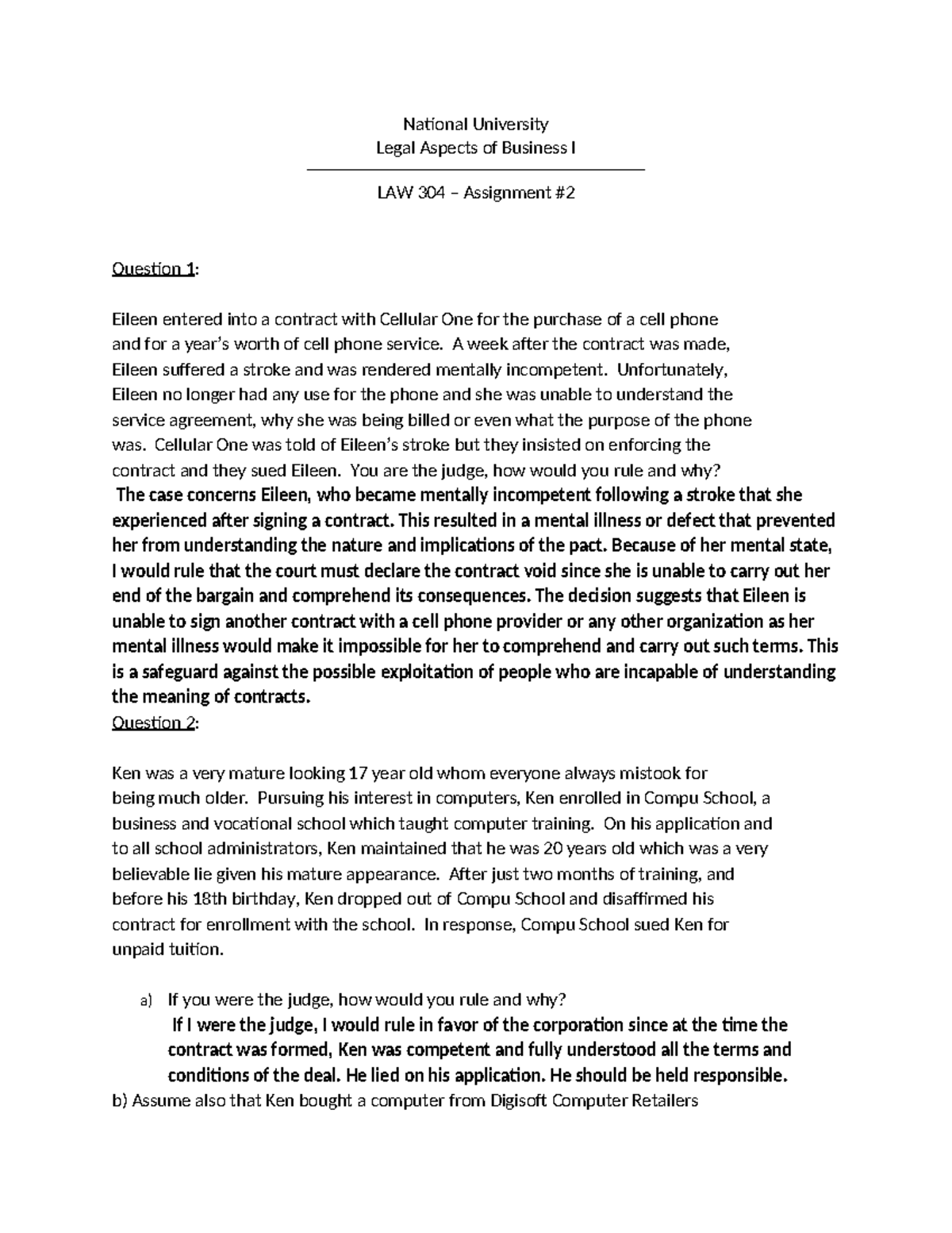 Week 2 assignment - National University Legal Aspects of Business I LAW ...