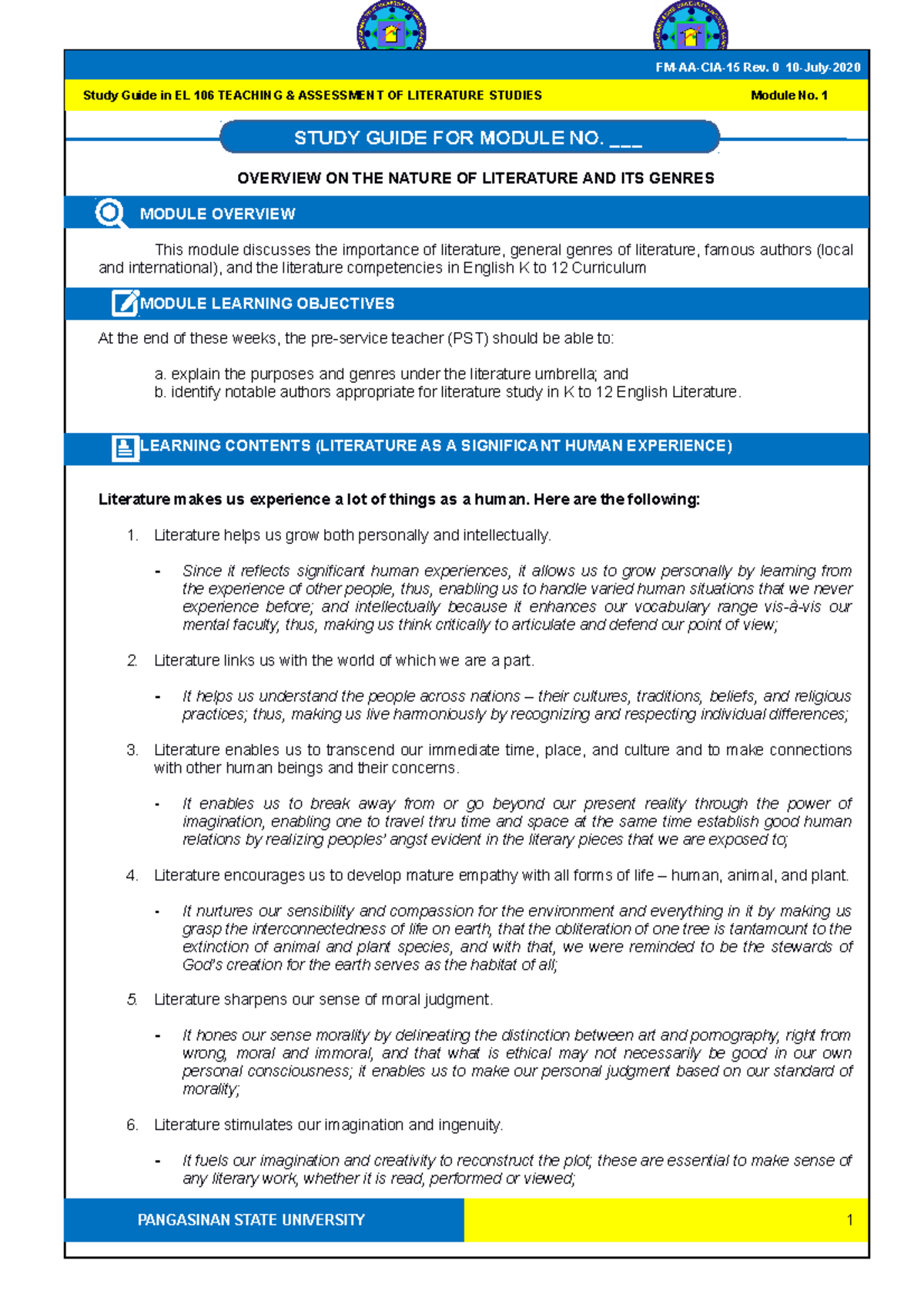 EL 106 SG 1 - Lecture notes 1 in Literature - BSED English - PangSU ...