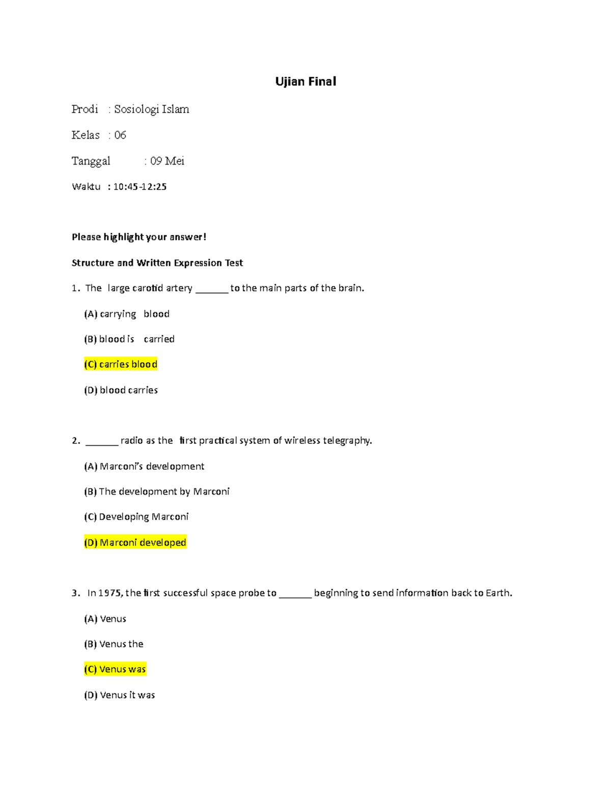 Ujian final bahasa inggris structure and written expression test