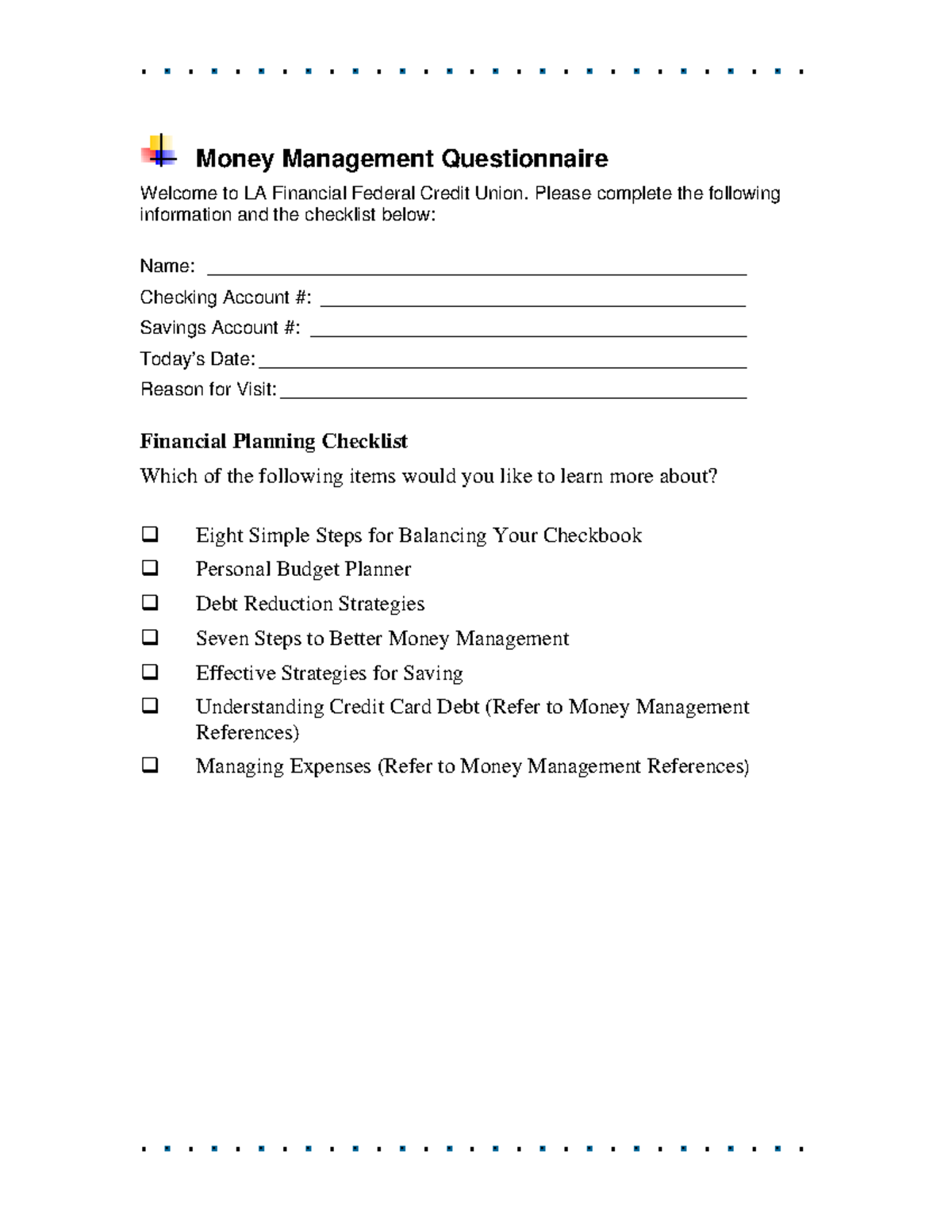 Money management tools Money Management Questionnaire to LA Financial Federal Credit
