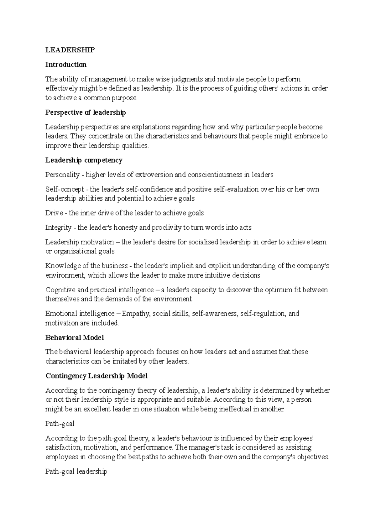 Leadership for OB chapter 10 - Organizational behaviour - UiTM - Studocu