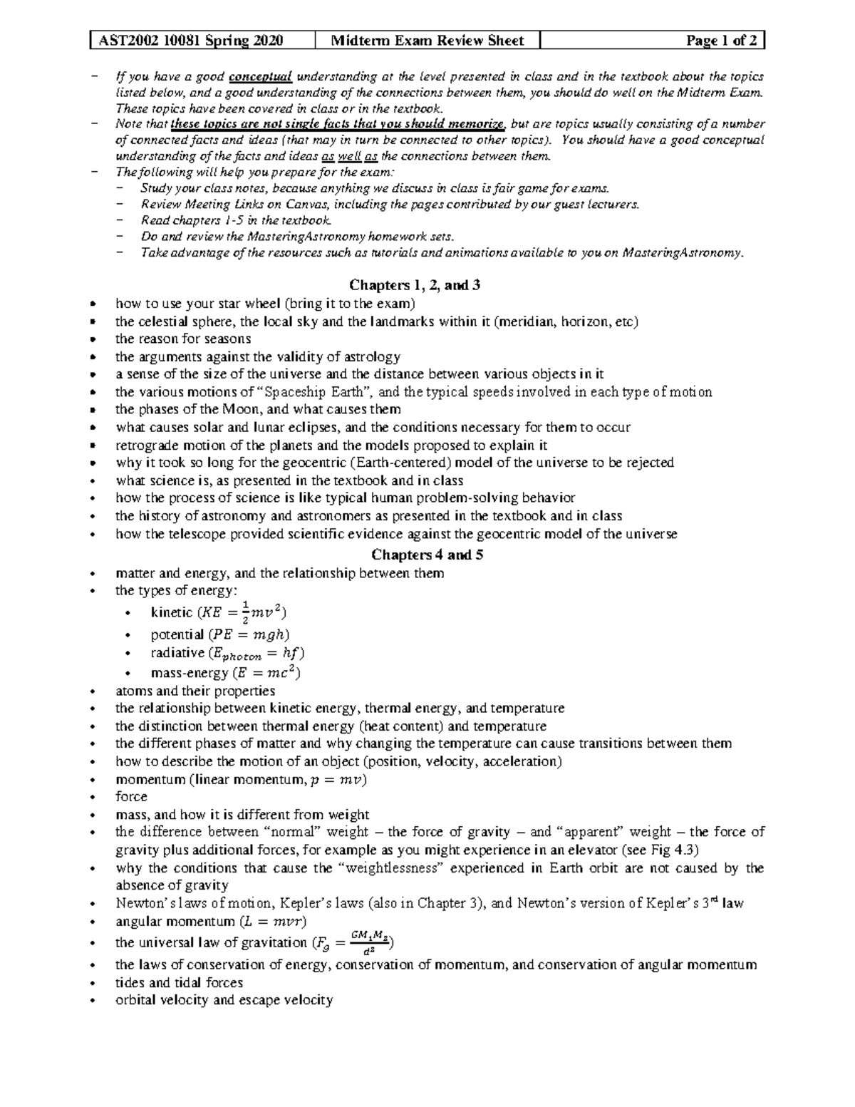 Spring 2020 Midterm Exam Review Sheet - These Topics Have Been Covered ...