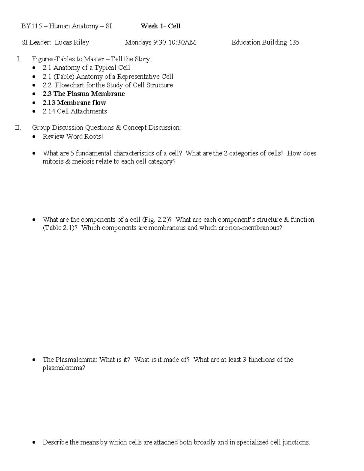 Week 01-Cells-BY115 - Lecture notes notes - BY115 – Human Anatomy – SI ...