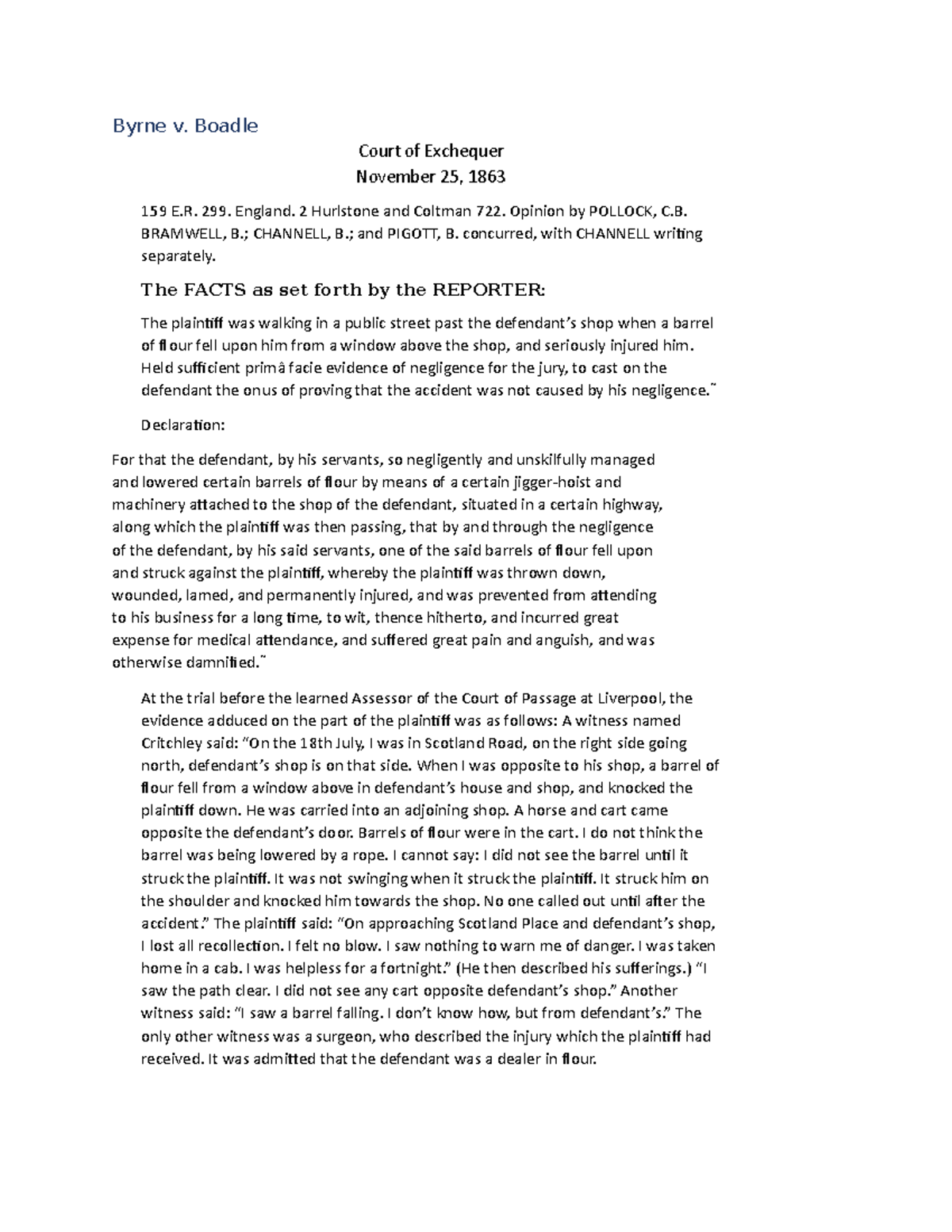Tort law m39 Tort law Byrne v. Boadle Court of Exchequer November