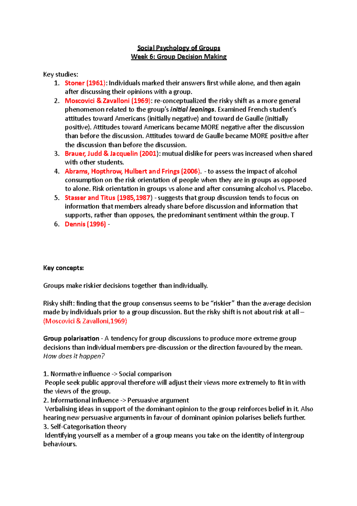 Week 6: Group Decision Making - Summary/ Revision Sheet - Social Psychology of Groups Week 6 ...