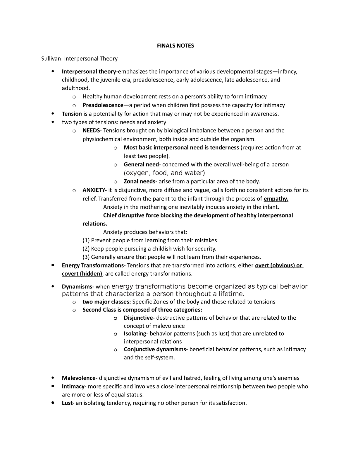 Finals Notes - FINALS NOTES Sullivan: Interpersonal Theory ...