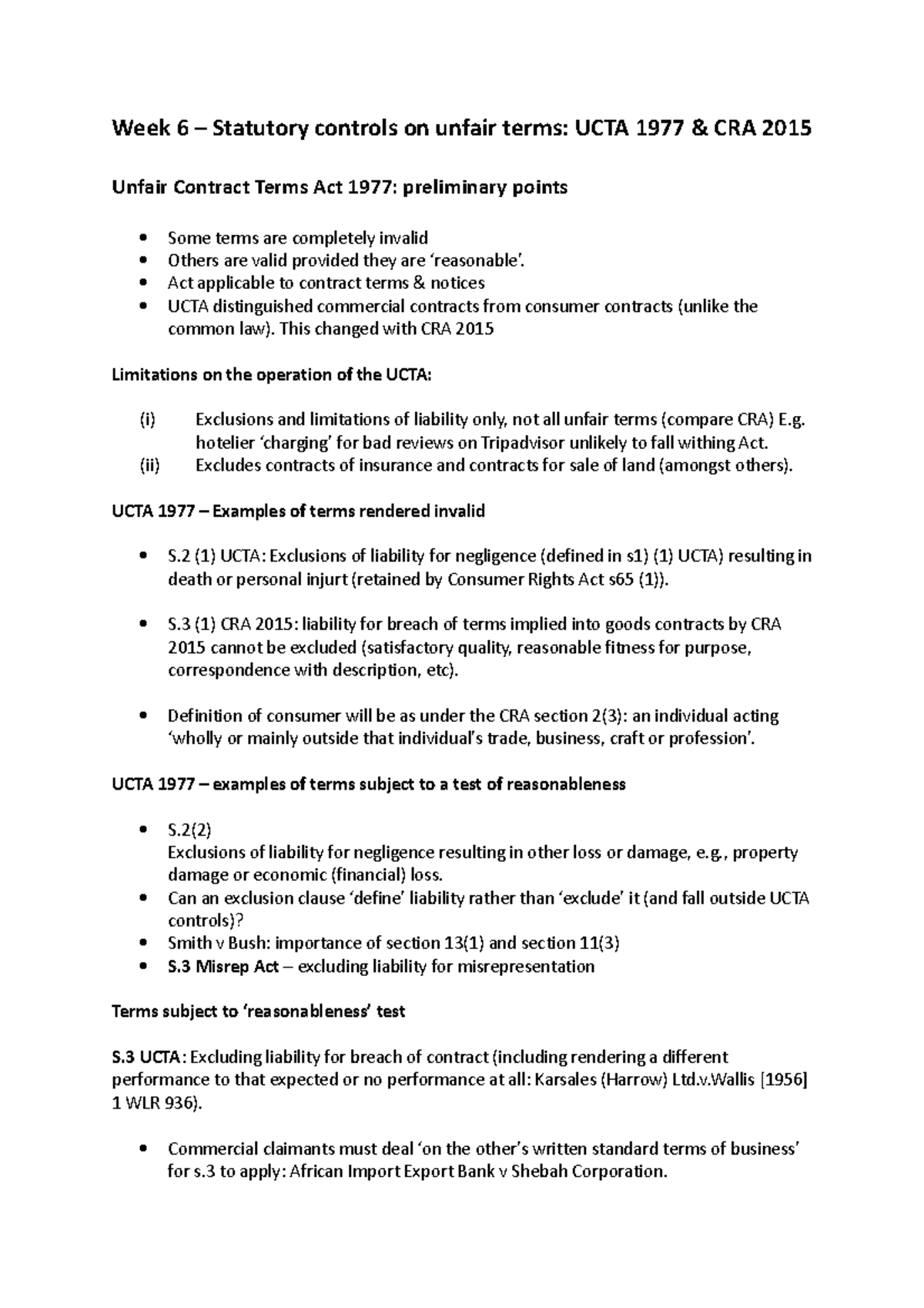 Week 6 - Statutory controls on unfair terms - Week 6 – Statutory ...