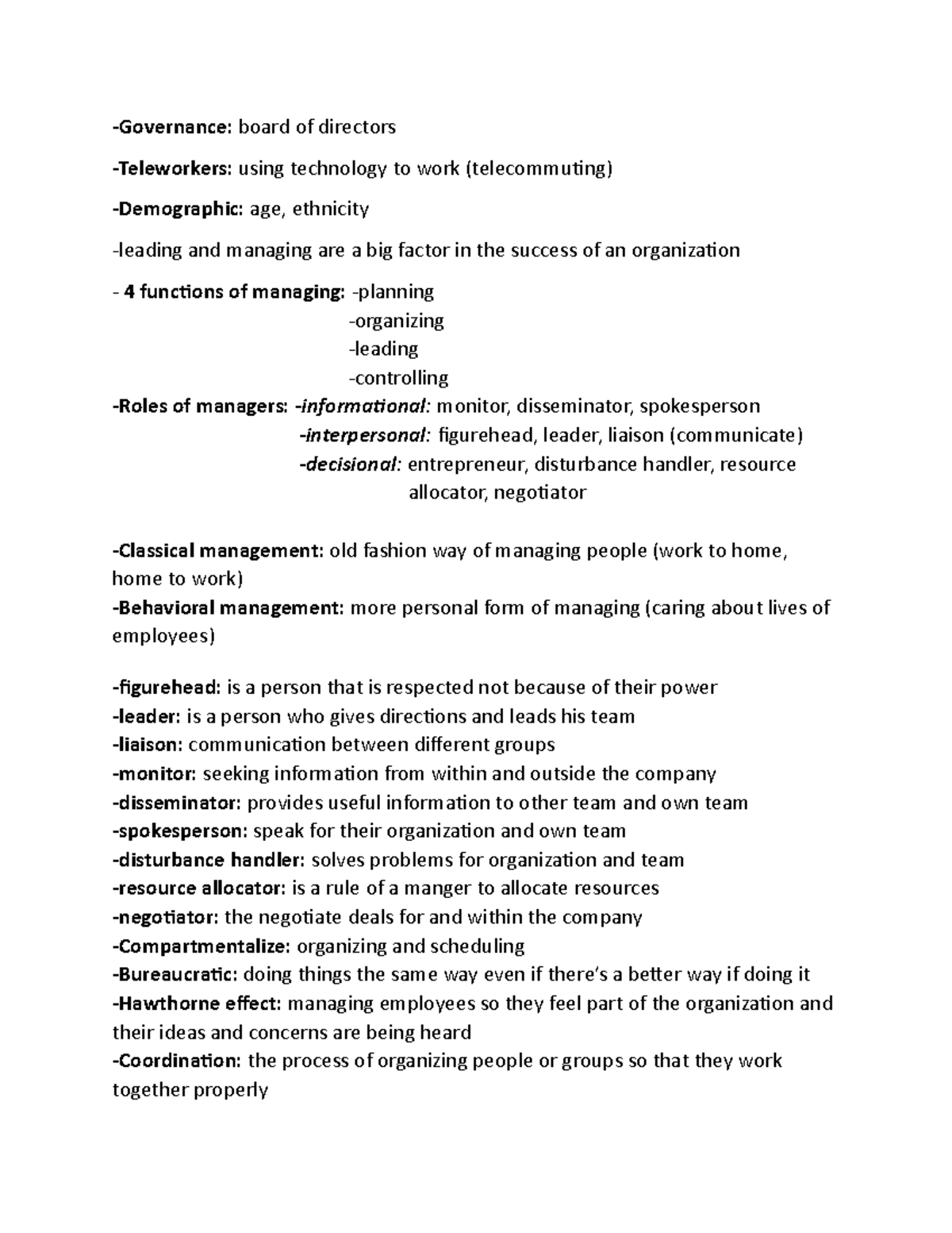 Notes for final exam adms 1000 yorkuGovernance board of directors Teleworkers using