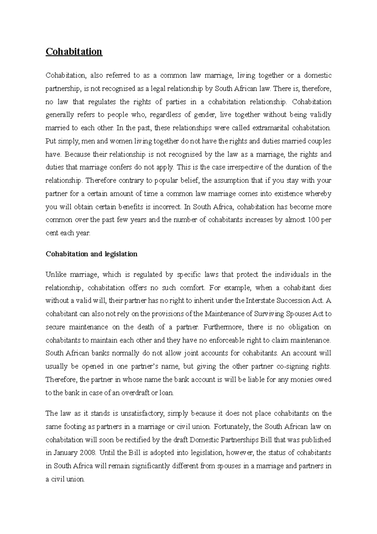 Cohabitation - Cohabitation Cohabitation, also referred to as a common ...